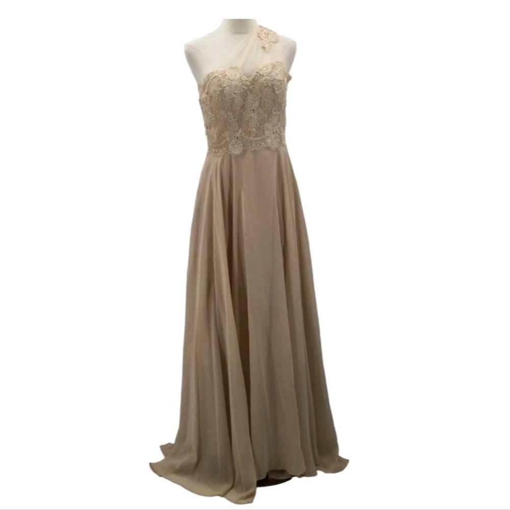 NWOT VNaix Elegant Lace Taupe  One-Shoulder Wedding Dress 10